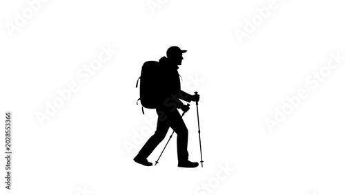 Fotografia Hiking man silhouette, backpacker icon, trekking person, walking vector