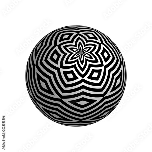 Radial Geometric 3D Pattern on Sphere. Decorative Ball.