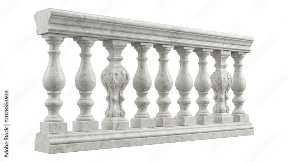 Fototapeta premium Ornate marble balustrade section with elaborate hand carved floral details isolated on transparent background png.