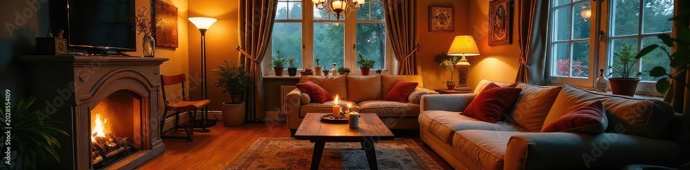 Fototapeta premium Warm, inviting glow illuminates a cozy interior scene, highlighting textures and details Perfect for home decor, lifestyle, and real estate projects , modern, rustic