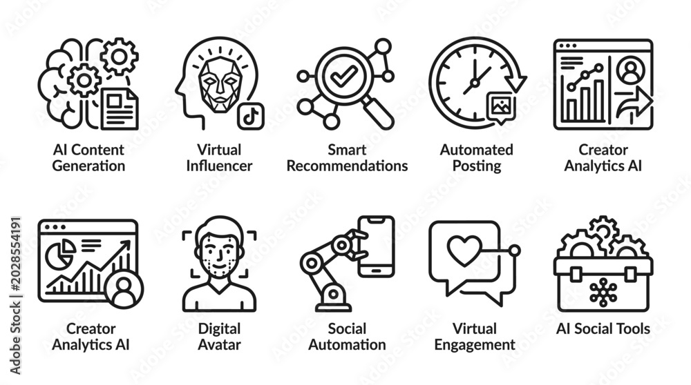 Fototapeta premium AI Social Media Tools Icons Collection.