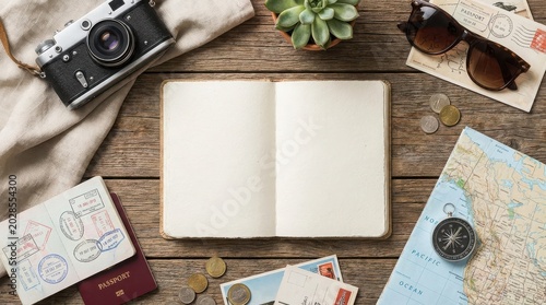 Blank notebook for travel planning on a rustic wooden surface