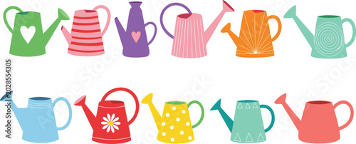 Bild auf Leinwand Colorful watering can vector illustration set featuring decorative garden wateri