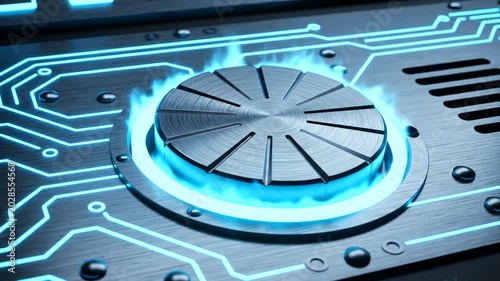 Futuristic Circuit Board with Glowing Blue Light and Metallic Dial.