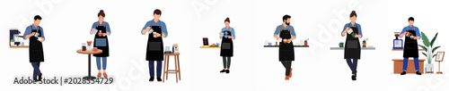 Foto Collection of professional baristas in black aprons making coffee and latte art, flat vector illustration set isolated on white background