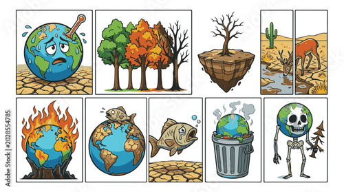 Canvastavla Set of Cartoon Illustrations Depicting Climate Change, Global Warming, Environme