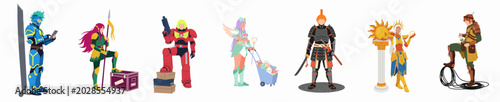 Foto Set of Diverse Character Illustrations Featuring Sci-Fi, Fantasy, Samurai, and S