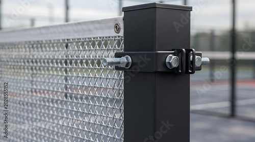 Close-up of a black metal post with a fence and bolts, outdoor setting.