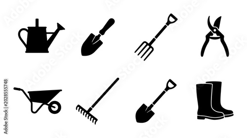 Tableau sur toile Gardening Tools Vector Icons Set, Black Silhouette Collection: Watering Can, Tro