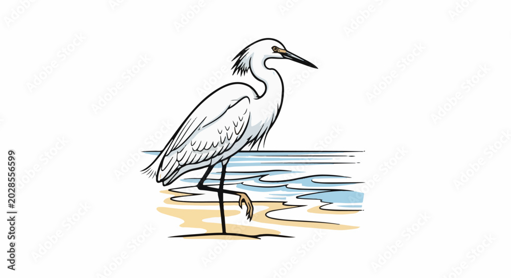 Fototapeta premium Stylized illustration of a white wading bird standing in shallow blue water and on a sandy shore