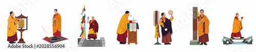 Photos Flat illustration collection of Tibetan Buddhist monks in traditional robes performing various religious rituals, prayers, and spiritual activities, isolated on white background