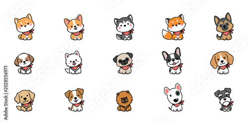 Cute kawaii dog and fox with a scarf sitting cartoon collection, vector illustration