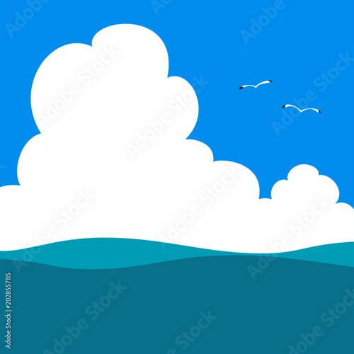 海の中から空を見上げる構図のイラスト（青い空と白い入道雲・海とカモメのいる夏の風景）