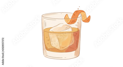 PNG cut out isolated background. A cute, minimalist digital illustration of an old-fashioned glass filled with a whiskey sour cocktail, ice, and an orange peel twist.