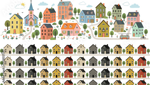 Cute Scandinavian Town and Seamless Village House Border Collection with Cozy Neighborhood Homes and Minimal Cityscape Vector Illustration Set