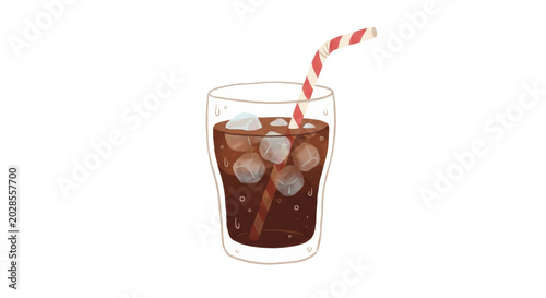 PNG cut out isolated background. A cute, minimalist digital illustration of a glass filled with a dark iced beverage, ice cubes, and a striped straw, rendered in a simple, artistic style.