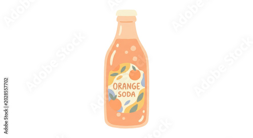 PNG cut out isolated background. A cute, minimalist digital illustration of a glass bottle of orange soda, featuring a label with an orange graphic, rendered in a simple, artistic style.
