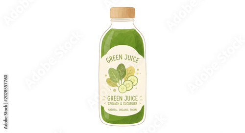 PNG cut out isolated background. A minimalist digital illustration of a glass bottle filled with green juice, featuring a label with spinach and cucumber graphics, rendered in a simple, artistic style