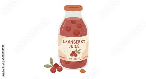 PNG cut out isolated background. A minimalist digital illustration of a glass bottle of organic cranberry juice, labeled 