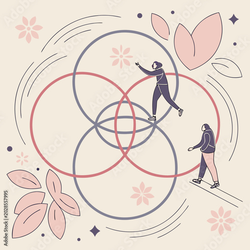 Tableau sur toile Abstract connection concept with people interacting within venn diagram circles,