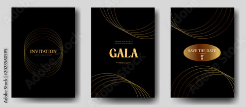 Premium gala night invitation card set with modern golden circle line art and luxury black minimal background design for VIP event, wedding and social media branding use