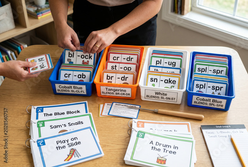 Two individuals are engaged in organizing educational letter cards on a table. The cards show different letter blends. The setting appears to be a bright classroom with books nearby.