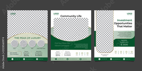 Real Estate Social Media Carousel Template with Luxury Green and Gold Geometric Layout, Editable AI file