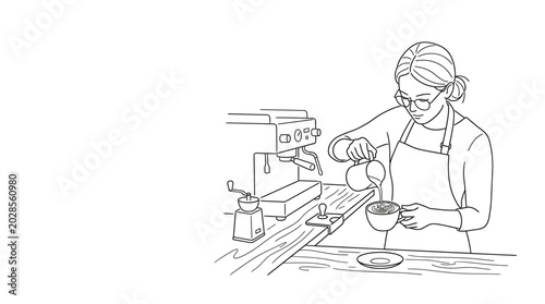 Foto Barista carefully preparing a coffee beverage with milk, pouring it into a cup w