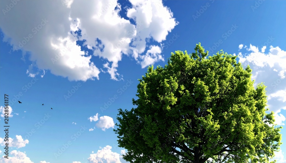 Fototapeta premium Lush Green Tree Under a Bright Blue Sky with Puffy Clouds.