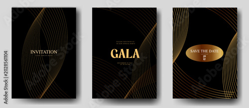 Elegant gala night invitation card collection with luxury golden curved line pattern and premium black abstract background design for VIP party, wedding and branding use