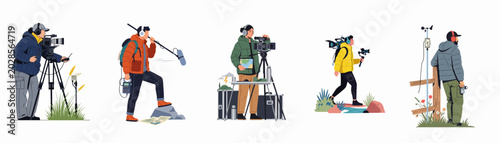 Schilderij op canvas Set of illustrations showing professional film crew members including videographers and sound recordists working in outdoor environments and nature