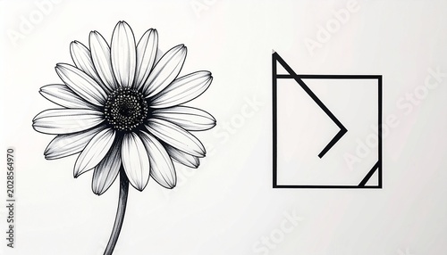 Black and white daisy flower illustration with minimalist startup success icon line art