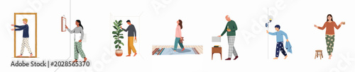 Foto Collection of diverse people sleepwalking at home in their pajamas, illustrating various scenarios of somnambulism across different ages and genders