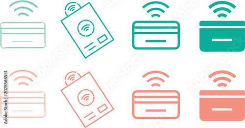 Credit card with wireless signal icon set, containing high-quality contactless payment and banking symbol graphics in an isolated vector collection.