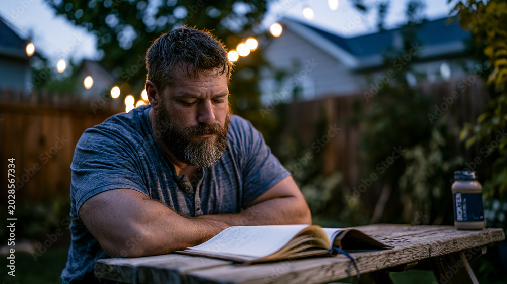 Fototapeta premium Father alone in a quiet backyard at blue hour seated at a weathered picnic table, journal open, a protein shake untouched beside him, summer constellations emerging above, perfect for reflective fit