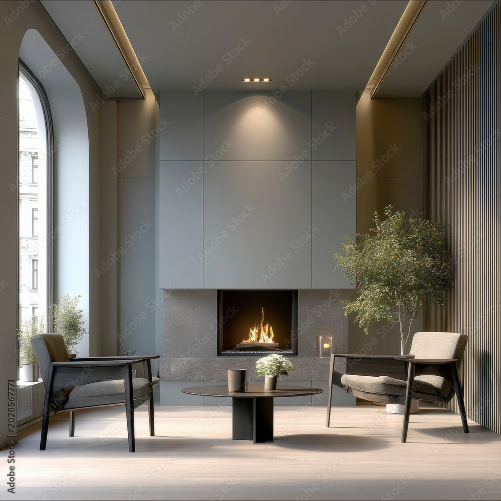 Fototapeta premium Modern living room with fireplace, minimalist furniture, large window, neutral color palette, cozy atmosphere, indoor plants