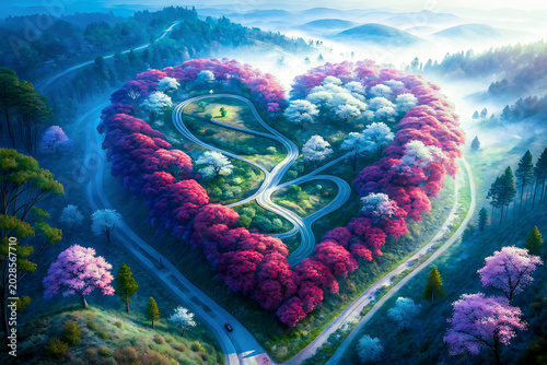 Heart-shaped forest with roads and trees, aerial view in misty landscape drone heart vector illustration