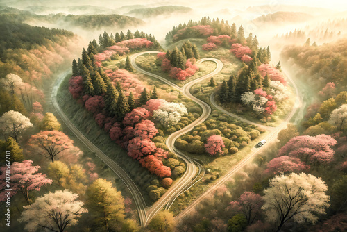 Heart-shaped landscape with winding roads and blooming trees in soft sunlight aerial vector illustration