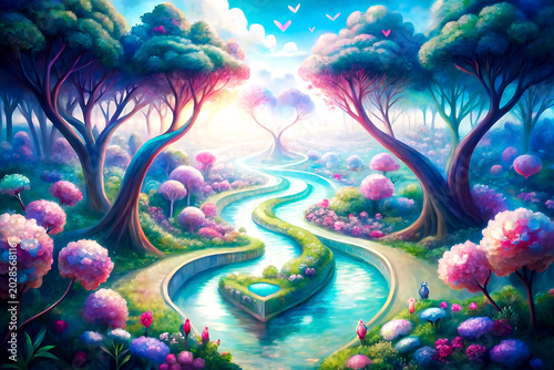Whimsical Fantasy Landscape With Winding River And Colorful Trees magical surreal vector illustration