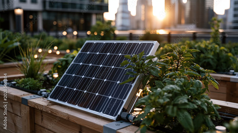Fototapeta premium Solar-powered irrigation network running through a community garden on a building rooftop, moisture sensors embedded in raised planter beds, distant city towers visible in warm summer haze, ideal fo