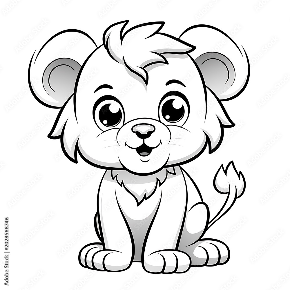 Fototapeta premium Adorable cartoon baby lion cub sitting with big eyes, a happy smile, and a fluffy mane, presented as a black and white line art drawing for coloring.
