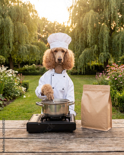 Poodle dog chef cooking in garden kitchen, funny pet in white uniform preparing food outdoors, creative animal concept with eco product packaging mockup