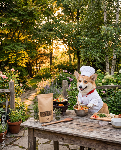 Corgi dog chef cooking healthy pet meal in garden kitchen, cute animal preparing fresh food with vegetables and eco packaging mockup, natural outdoor lifestyle scene