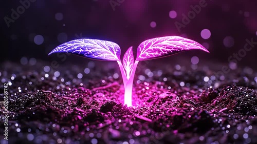 Glowing Plant Seedling in Dark Soil with Bokeh Lights, Symbolizing Growth and Innovation.