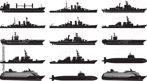 Foto Naval and Maritime Ship Silhouette Collection with Warships Submarines Cargo Ves