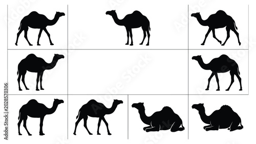 Schilderij op canvas Camels arranged in a grid pattern provide a versatile layout for wildlife or desert travel themes