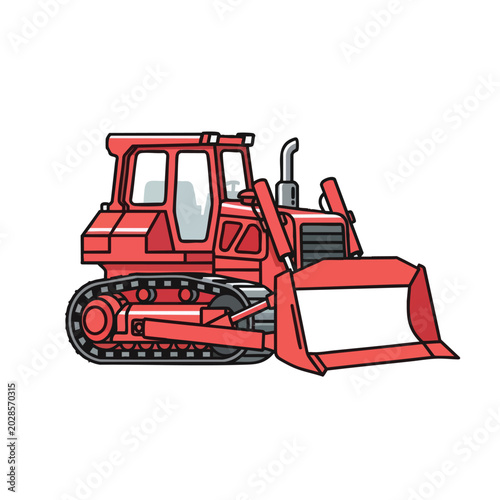 Illustration of a heavy red bulldozer construction vehicle.