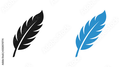 Quadro em tela Set of two minimalist feather icons in black and blue colors on white background