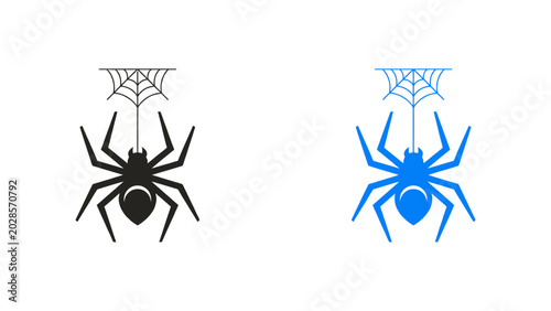 Photos Spider Icons Hanging from Webs in Black and Blue Vector Set for Graphic Design