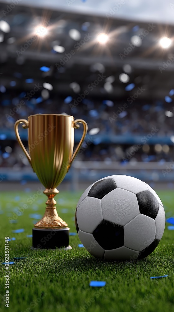Fototapeta premium Shiny golden trophy and black and white soccer ball on grass field at stadium with blue confetti falling during a sports event